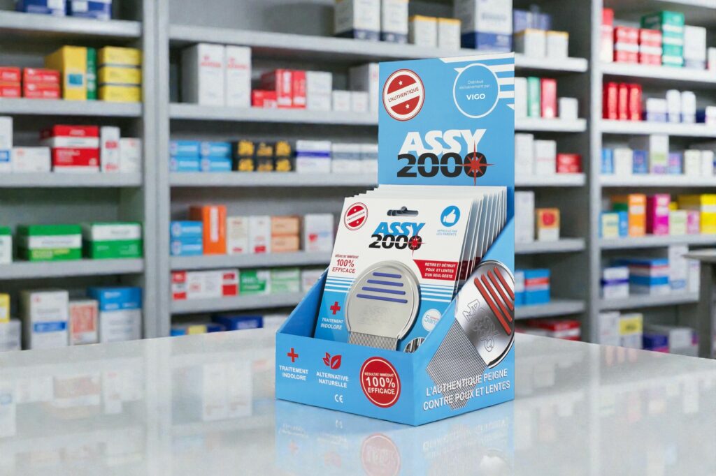 présentoir ASSY 2000 sur comptoir pharmacie